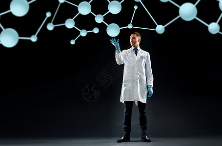 科学,生物学人的医生科学家穿白色外套医学手套与分子黑色背景科学家穿着带分子的实验室外套背景图片