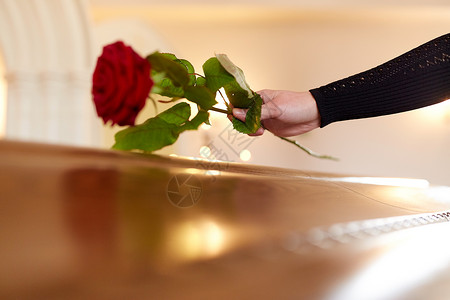 人们哀悼的女人带着红玫瑰棺材教堂的葬礼上葬礼上带着红玫瑰棺材的女人背景图片