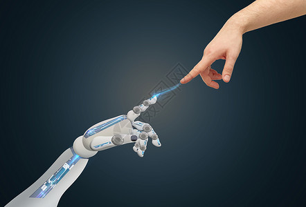 每个人闭嘴科学,未来技术人的人类机器人的手蓝色背景下互相接触人类机器人的手互相接触设计图片