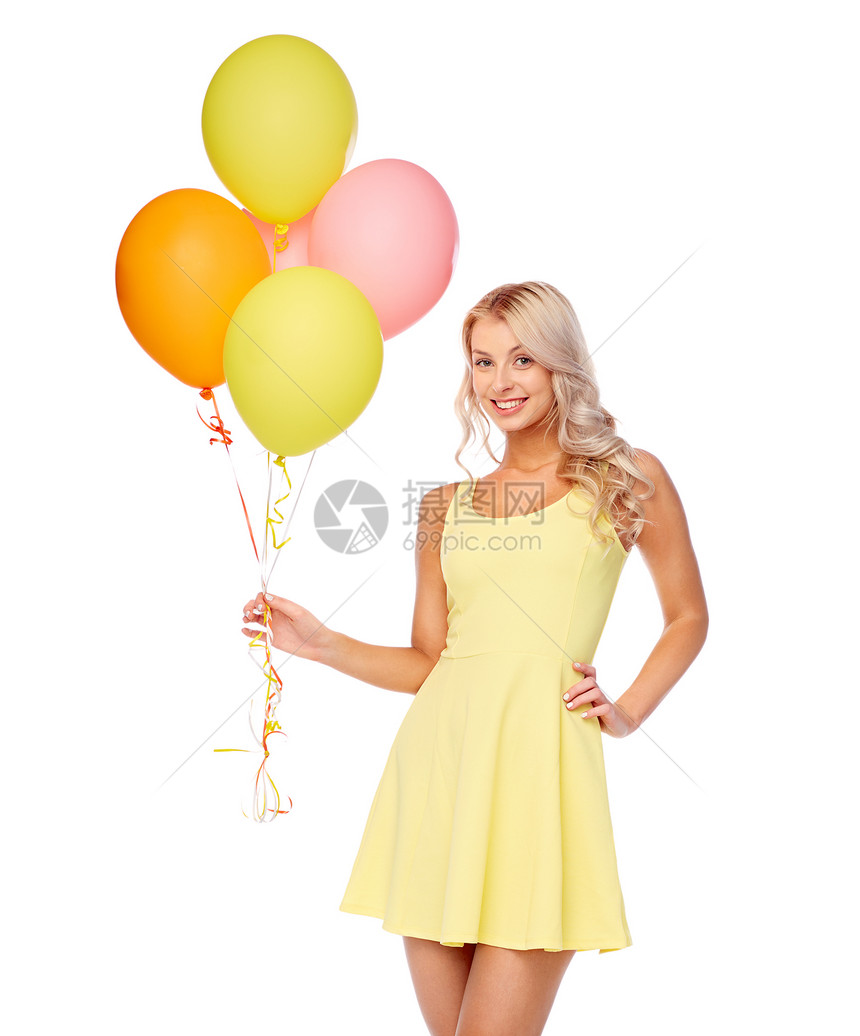 人们,假期夏季派的快乐的轻妇女十几岁的女孩穿着粉红色的裙子,带着氦气球穿着氦气气球的快乐女人图片