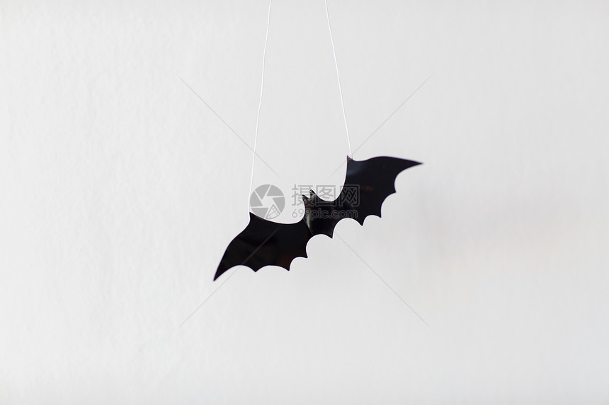 万节,装饰可怕的黑色飞行蝙蝠挂白色背景上的字符串万节装饰蝙蝠白色背景图片