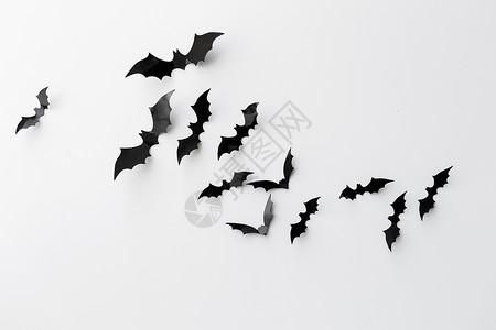 万节装饰黑色纸蝠飞过白色背景白色背景上的黑纸蝙蝠背景