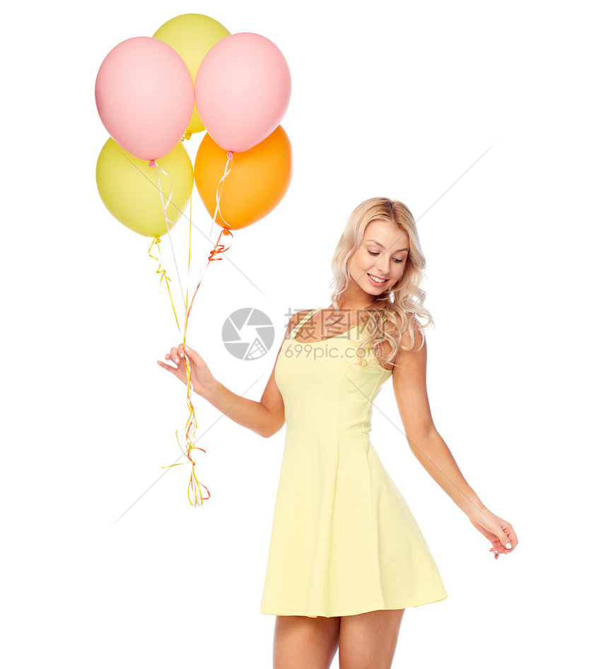 人们,假期夏季派的快乐的轻妇女十几岁的女孩穿着粉红色的裙子,带着氦气球穿着氦气气球的快乐女人图片