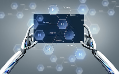 安卓平板科学,未来技术化学机器人手与平板电脑氢化学公式灰色背景机器人手与平板电脑化学配方设计图片