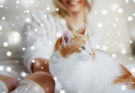 宠物,动物人的快乐的轻女人猫家里的雪上睡觉快乐的轻女人猫床上家图片