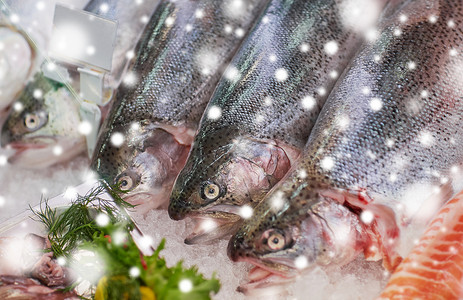 海鲜,销售食品冰镇新鲜鱼雪上的杂货店杂货摊冰上的新鲜鱼图片