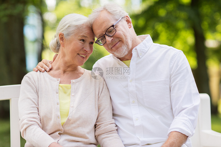 老,关系人的快乐的老夫妇坐长凳上的夏季公园快乐的老夫妇坐公园的长凳上图片