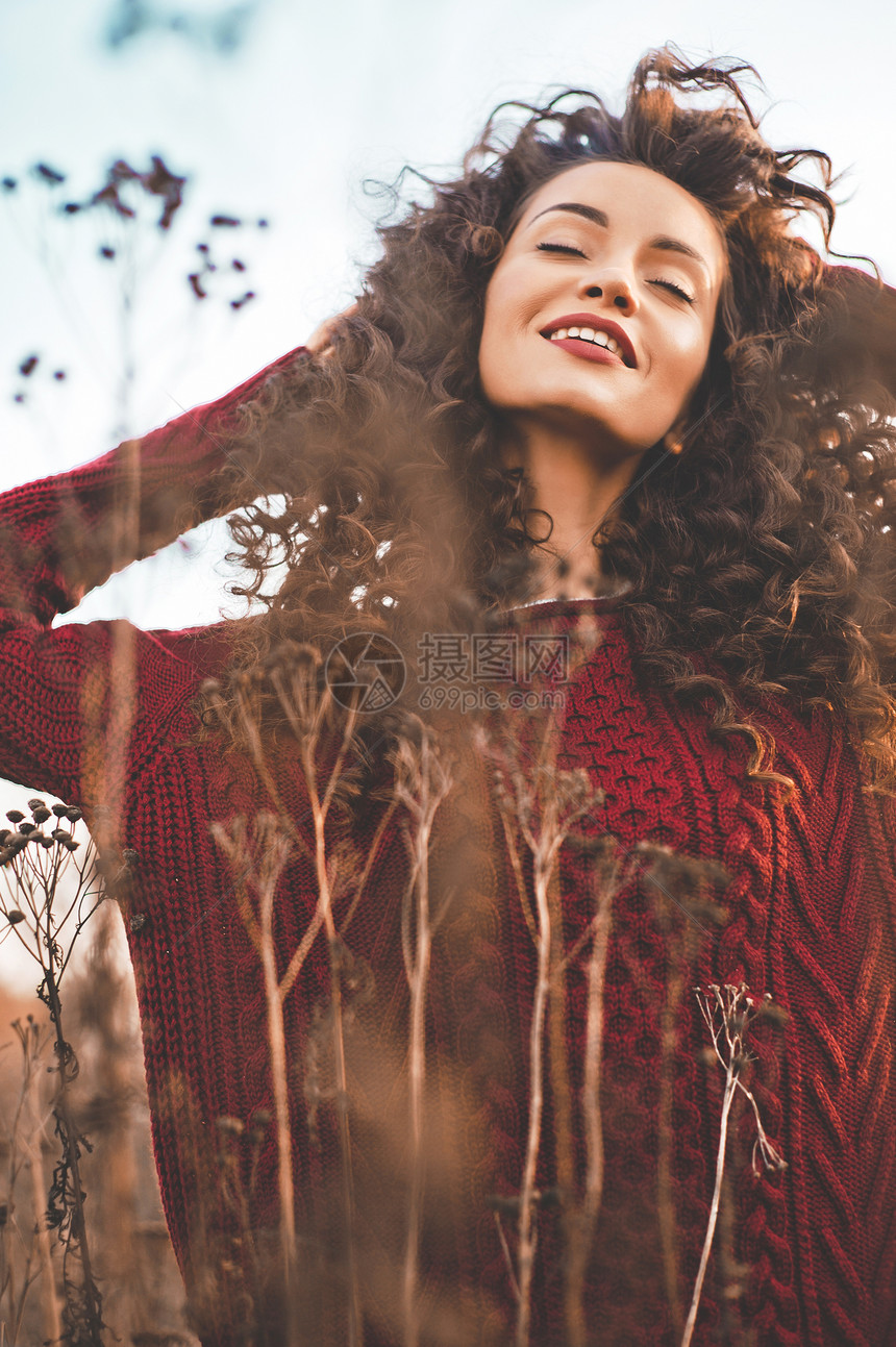 户外生活方式时尚照片的轻自然美丽的女士秋季景观与干花针毛衣,葡萄酒口红温暖的秋天秋天的气氛图片