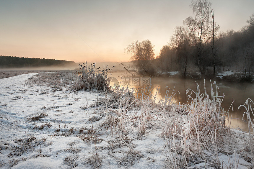 冬天朦胧的黎明河上白俄罗斯的乡村雾霭霜冻的景象图片