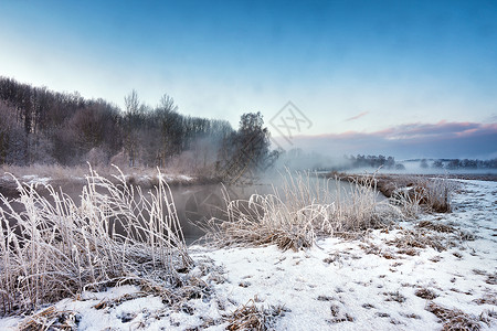 冬天朦胧的早晨河上白俄罗斯的乡村雾霭霜冻的景象高清图片