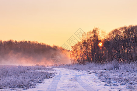 冬天薄雾五彩缤纷的日出白俄罗斯的乡村雾霭霜冻的景象图片