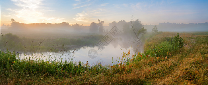 夏天的薄雾日出河上早上雾的河朦胧的早晨全景图片