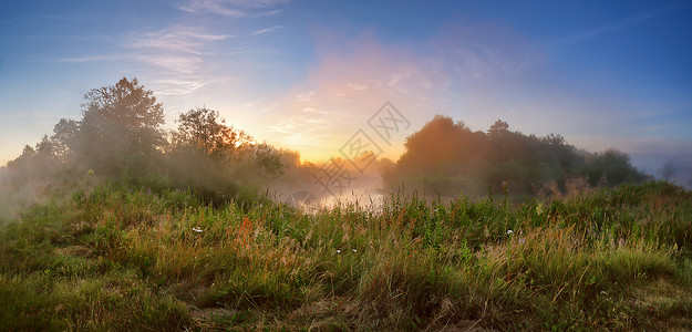 夏天的薄雾日出河上早上雾的河朦胧的早晨全景背景图片