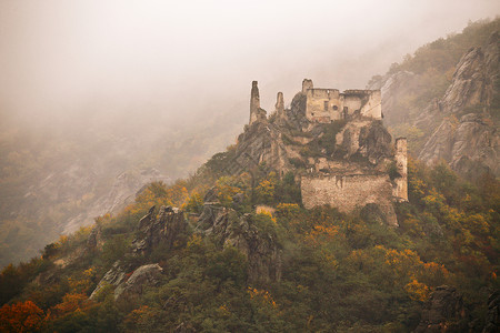 多瑙河上历史城堡废墟的景色,五彩缤纷的秋天瓦乔山谷,奥地利下奥地利地区图片