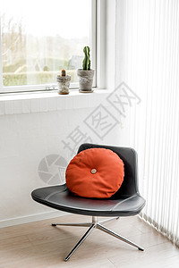 黑色椅子个明亮的客厅,个圆形的橙色枕头复古仙人掌植物窗口图片