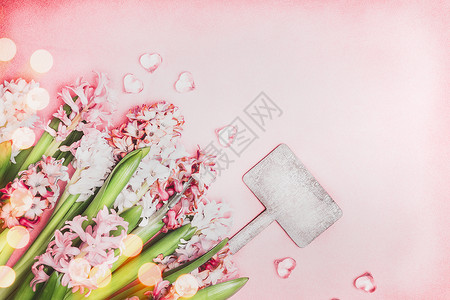 漂亮的风信子花与波克心空白的木制标志粉红色的背景,顶部的图片
