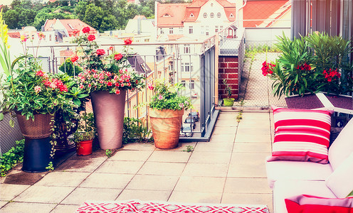 阳台露台露台露台与舒适的藤家具露台花盆城市生活方式图片