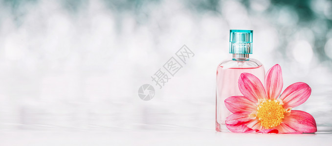 香水瓶与粉红色的花博克背景,正视图,横幅美丽香水的图片