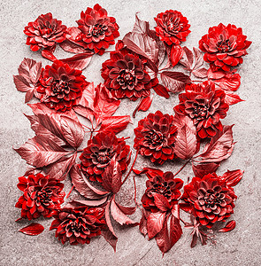美丽创意的红秋花树叶布局构成花落图案,平躺,顶部视图图片