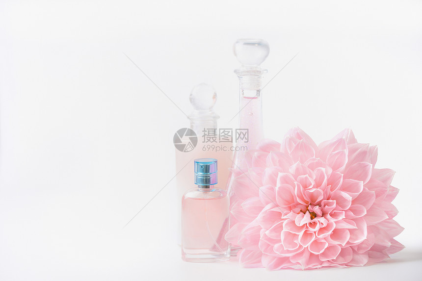化妆品香水瓶与粉红色淡花白色背景,正视图美容护肤理念图片