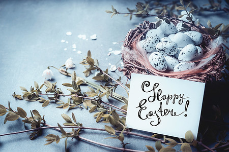 复活节文字快乐复活节贺卡与刻字,巢与鸟蛋,春天树枝花蓝调背景