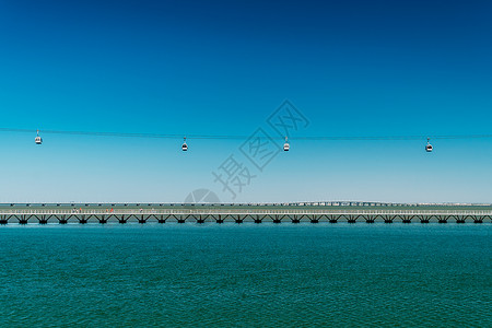 蓝色缆车空中缆车瓦斯科达加马桥里斯本,葡萄牙背景