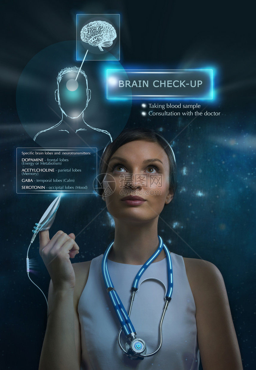 女医生用未来的计算机技术进行人脑检查图片