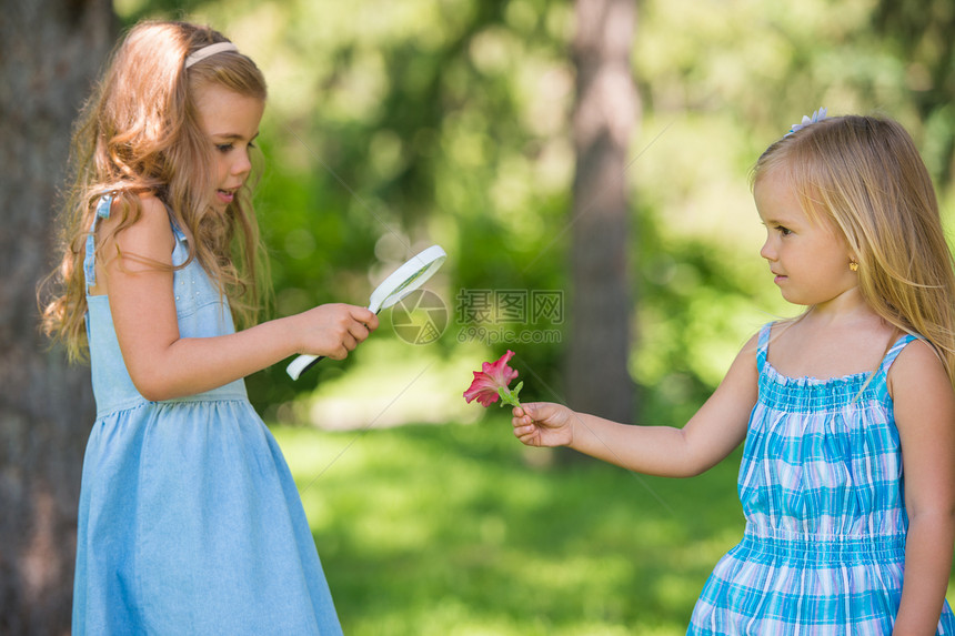 带放大镜的孩子两个小妹妹的朋友透过放大镜看花图片