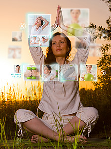 运动女户外锻炼用现代虚拟界线健身教练的背景图片