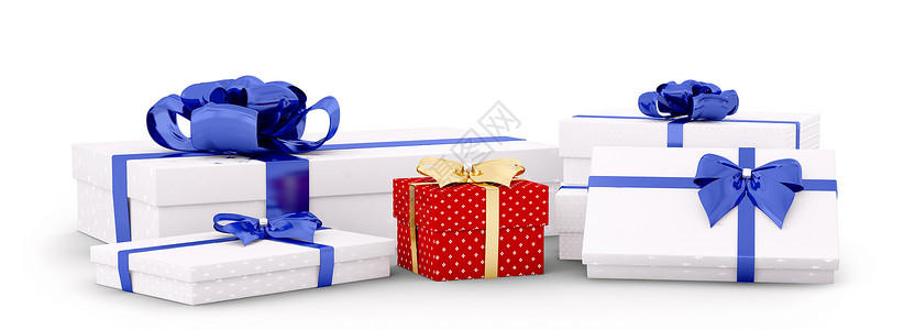 白色,红色诞礼品盒,礼物与蝴蝶结丝带隔离三维渲染图片