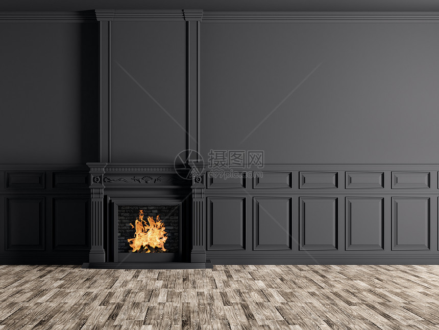 内部空的经典房间与壁炉黑色板墙壁三维渲染图片