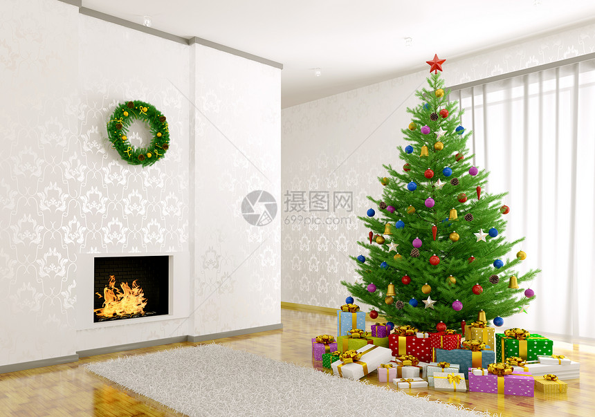 客厅内部与诞树,壁炉,礼品3D渲染图片