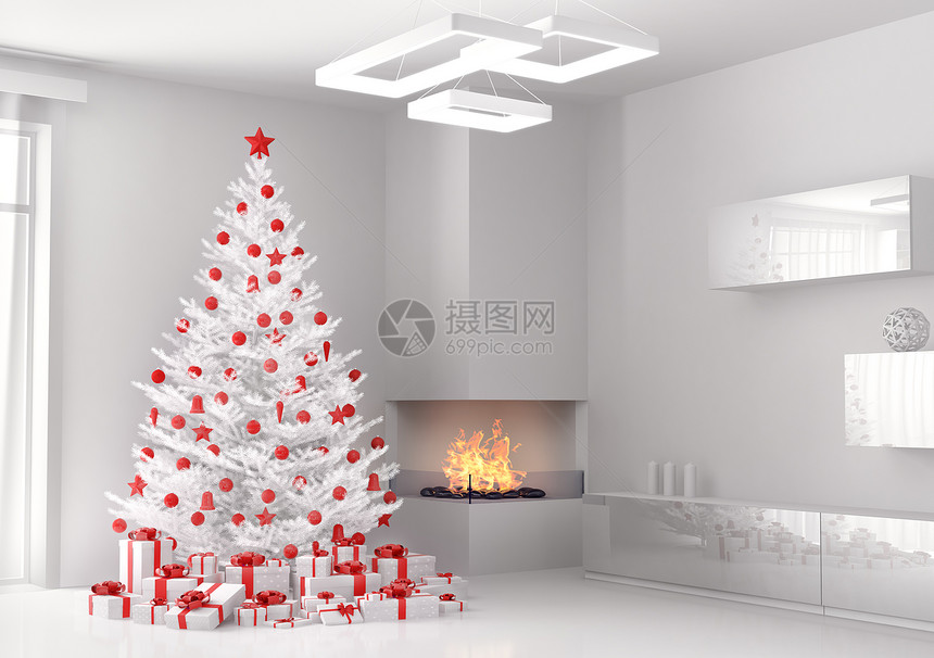 白色诞树礼物客厅3D渲染图片