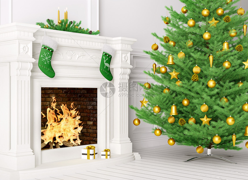 个房间的经典内部与诞树,壁炉,礼物,蜡烛,长袜3D渲染图片
