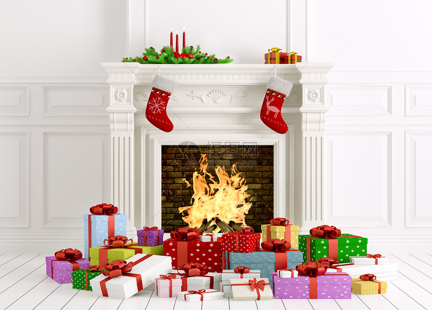经典的诞室内壁炉,礼物,蜡烛,长袜3D渲染图片