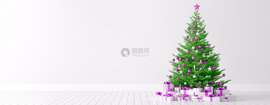白色房间的内部背景与诞树礼物3D渲染图片