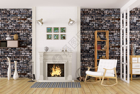 舒适的客厅内部与壁炉,椅,砖墙三维渲染图片