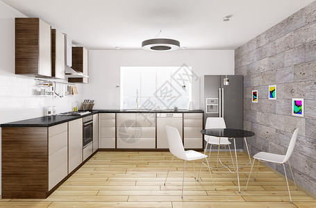 现代厨房,黑色花岗岩柜台,窗户,桌椅内部三维渲染图片