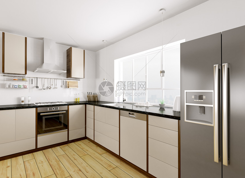 现代厨房与黑色花岗岩柜台内部三维渲染图片