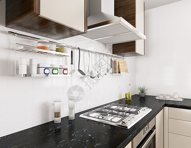 现代厨房,黑色花岗岩柜台,煤气炉,罩,器皿,室内三维渲染背景图片