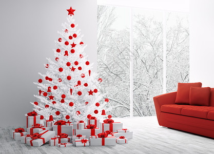 冬季诞节内部与白色冷杉树三维渲染图片