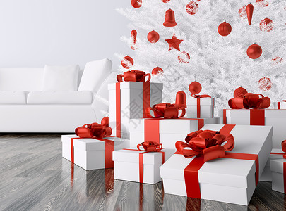 白色诞树,红色鲍布,客厅里的礼物,内部3D渲染图片