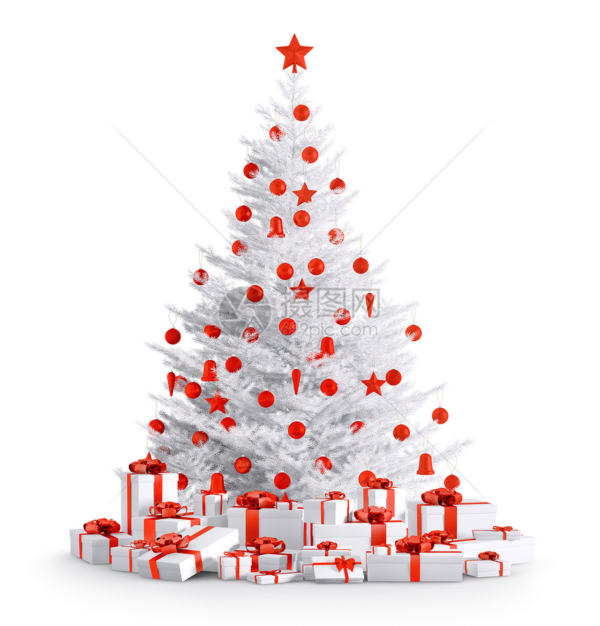 白色诞树与红色鲍布,礼物隔离白色3D渲染图片