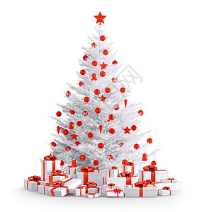 白色诞树与红色鲍布,礼物隔离白色3D渲染背景图片