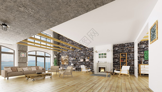 现代阁楼公寓内部,客厅,休息区三维渲染图片