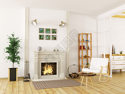 舒适的客厅内部与壁炉椅3D渲染图片