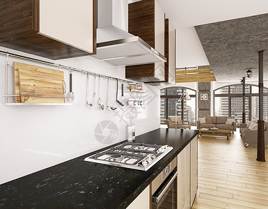 现代厨房公寓内部三维渲染图片