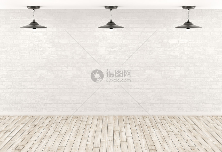 室内背景,房间用三盏灯白色砖墙上,米黄色木地板3D渲染图片