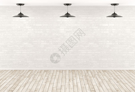 室内背景,房间用三盏灯白色砖墙上,米黄色木地板3D渲染背景图片