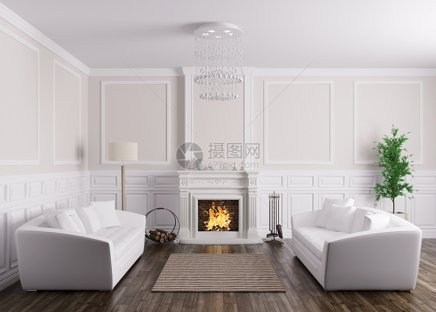 经典的室内客厅与两个白色沙发壁炉3D渲染图片